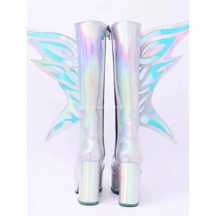 Bottes hautes holographiques à plateforme pour femme, talon épais, lacets, fermeture éclair latérale, bottes longues, chaussures de cosplay et de festival