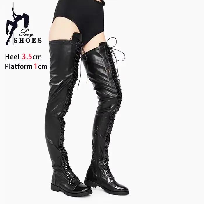 Cuissardes hautes à talons bas de 3.5CM, chaussures de moto en cuir noir pour femmes, fermeture éclair latérale à lacets, talons épais, bottes au dessus du genou pour boîte de nuit