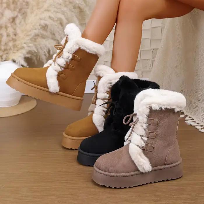 Nouvelles bottes de neige mi-cylindre pour femme, en daim de vache, avec semelle en caoutchouc, fausse fourrure douce, talon moyen et fermeture par lacets, pour printemps, automne et hiver