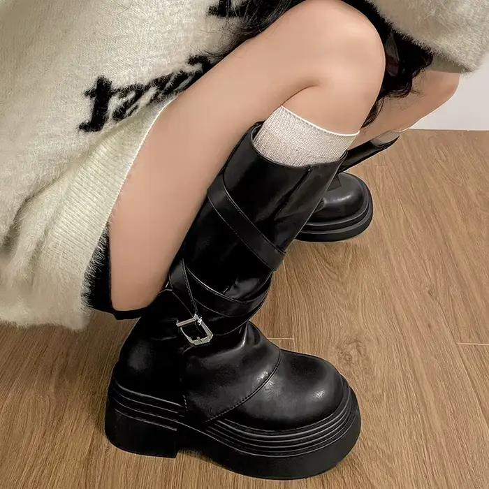 Vintage talon épais femmes chevalier bottes longues mode sans lacet genou chaussons hauts automne hiver chaussures Zapatos De Mujer
