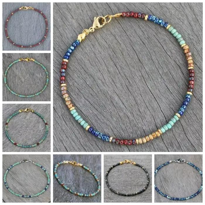 Bracelet de cheville artisanal de qualité en turquoise perlée, réglable, avec revêtement Picasso, bijou de pied bohème, teinte turquoise vibrante, esthétique délicate