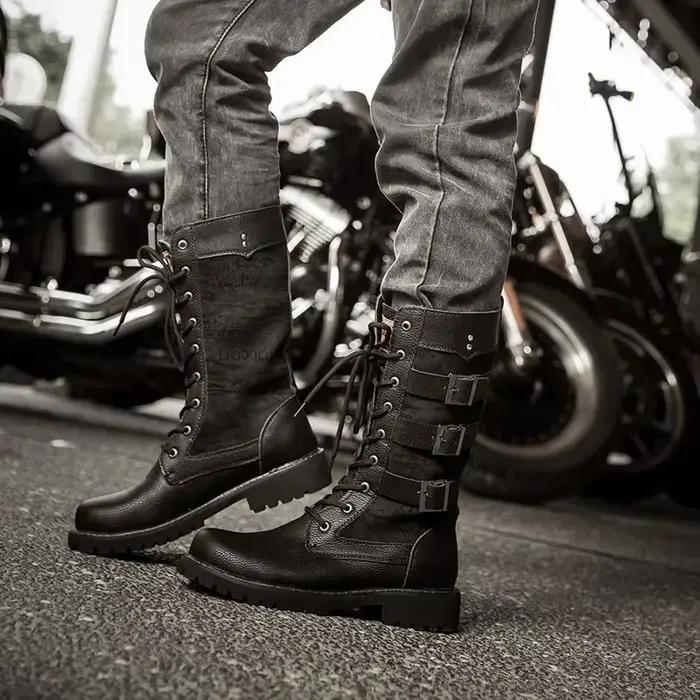 Bottes de moto mi-carf en cuir pour hommes