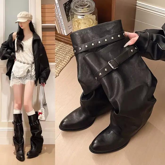 Bottes au-dessus du genou, style chevalier, plissées et superposées avec ceintures, bottes culotte à jambe large, Nouveau style 2026