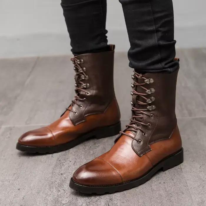 Bottes hautes en cuir vintage à lacets pour hommes, chaussures décontractées pointues, chaussures de moto, bottes pour hommes tout assorties, Parker