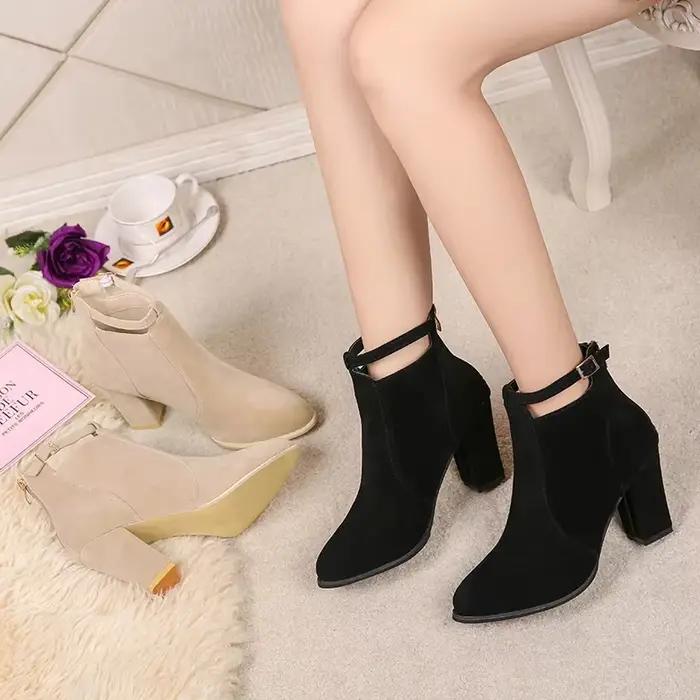 Bottes de rinçage en cuir suédé pour femmes avec talon carré, bout pointu, fermeture éclair, pour printemps automne, style romain, mode hiver, occassions spéciales