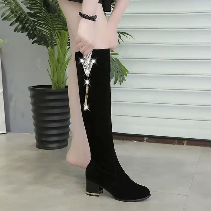 Bottes de chevalier rétro à talons hauts avec fermeture éclair pour femmes, bottes longues au genou, chaussures à la mode avec biscuits optiques, 2023