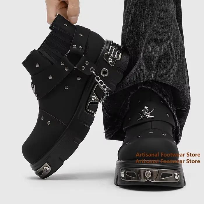 Bottes Chelsea à plateforme avec rivets noirs et chaînes, style gothique punk, à semelle épaisse et métallique, tendance, faites à la main pour hommes