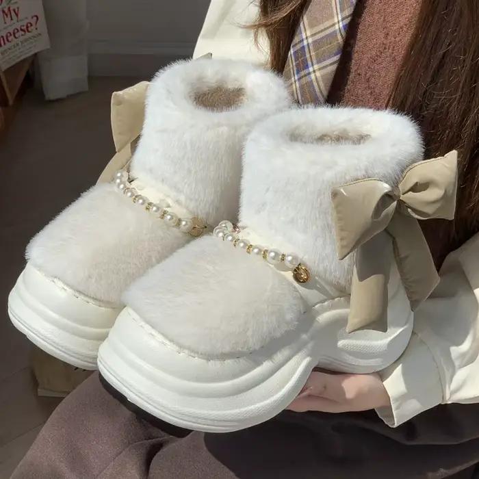 Bottes de neige LORGL en fourrure douce avec grand papillon pour femmes, style coréen, talon plat, bottes chaudes et antidérapantes pour hiver et activités quotidiennes