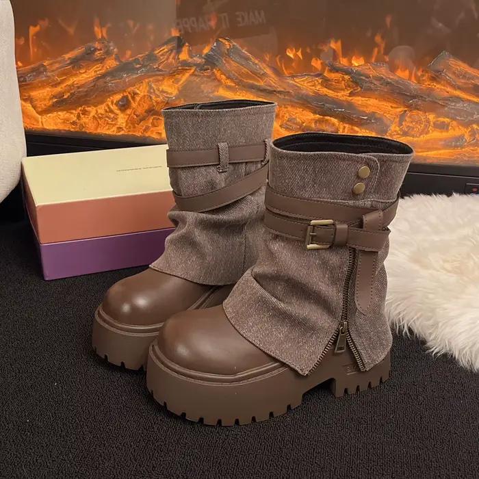 Bottines pour femmes, style cowboy, plates, à plateforme, avec fermeture éclair, mode créateur, bottes gothiques d'hiver, nouvelles bottes de marche, Mujer Botas