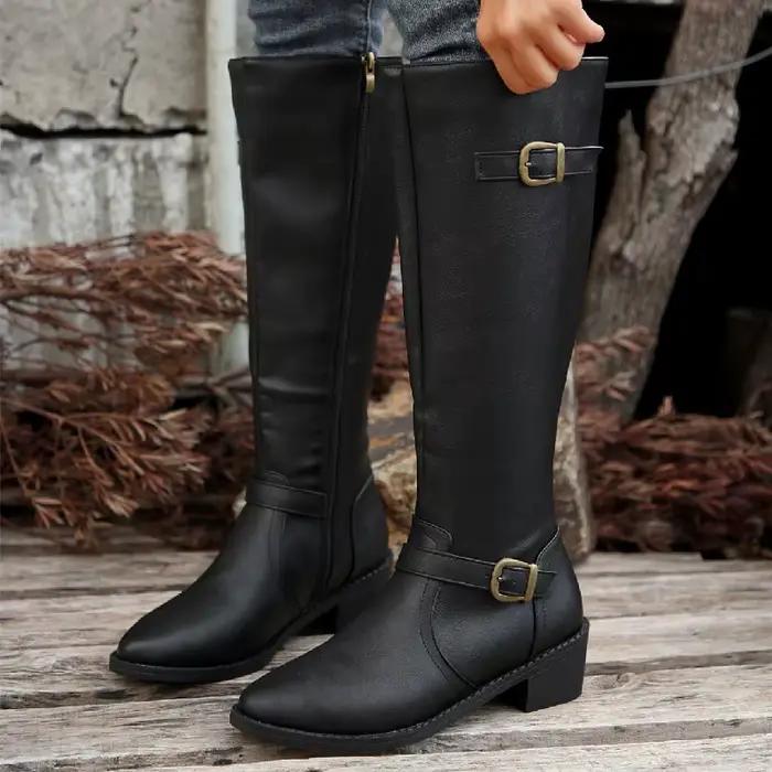 Offre spéciale chaussures pour femmes pointe pointue femmes mi-mollet bottes grande taille talon épais chaussures décontractées confortables femmes bottes tendance Zapatos