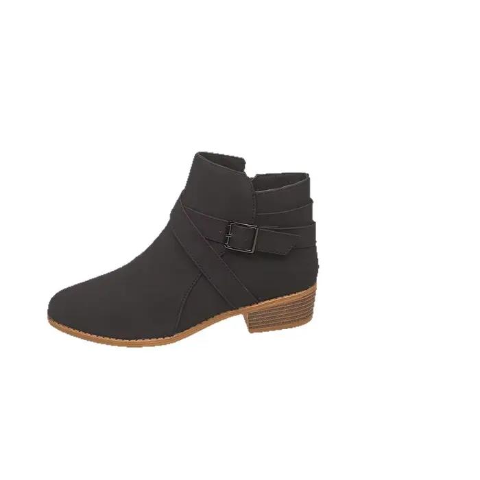 Bottines courtes en cuir style rétro romain pour femme, grande taille, à talon épais, bout pointu, avec boucle de ceinture