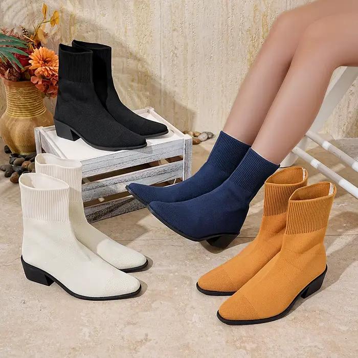 Mode femmes bottes bout pointu sans lacet mi-mollet bottes printemps automne tricoté chaussettes bottes femmes talons hauts grande taille chaussures femmes
