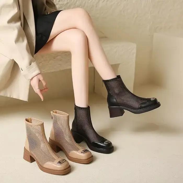 Bottes tendance en maille ajourée, bottes courtes printemps/été 2025, talons hauts décontractés et élégants pour femmes, bottes célèbres sur internet