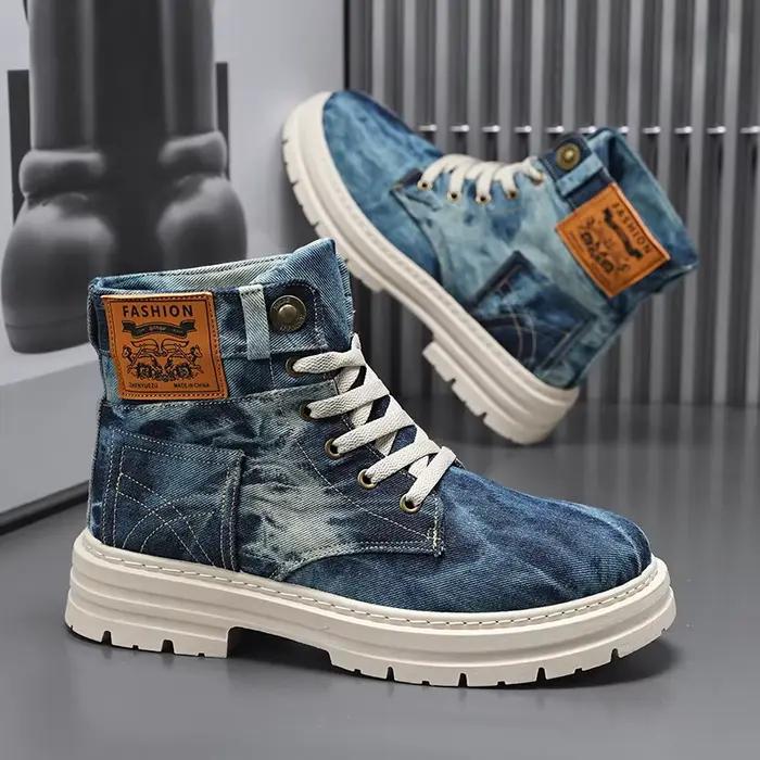 Bottes montantes en jean pour hommes, style vintage, toile bleue délavée, plateforme, à lacets, décontractées, pour le streetwear et toutes les saisons