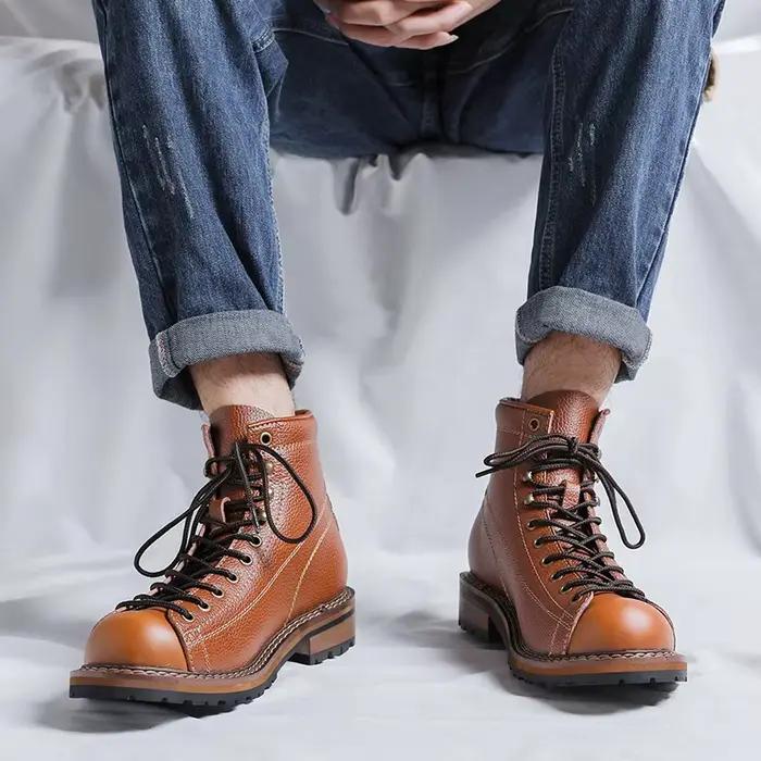Bottes en cuir véritable pour hommes, chaussures de travail Vintage montantes pour hommes, bottes en cuir de Style britannique, chaussures à plateforme de printemps pour hommes