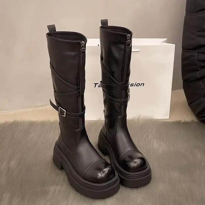 Bottes de chevalier à ceinture pour femmes, nouveau Style britannique, mode, fond épais, tête ronde, couleur lavée, tendance, 2025