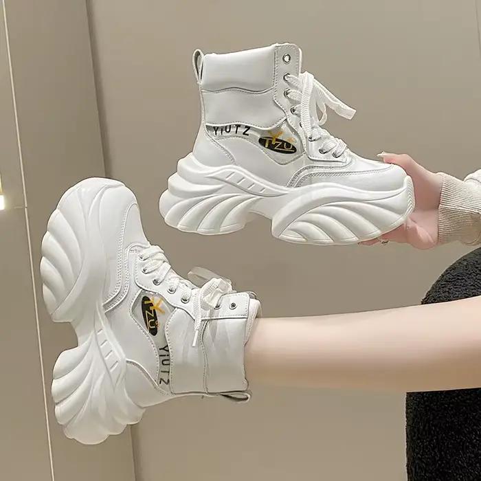 Bottes de rinçage compensées à plateforme pour femmes, grosses baskets, cuir de vache véritable, chaussures ergonomiques décontractées, automne et printemps, chaussures optimistes, 8cm