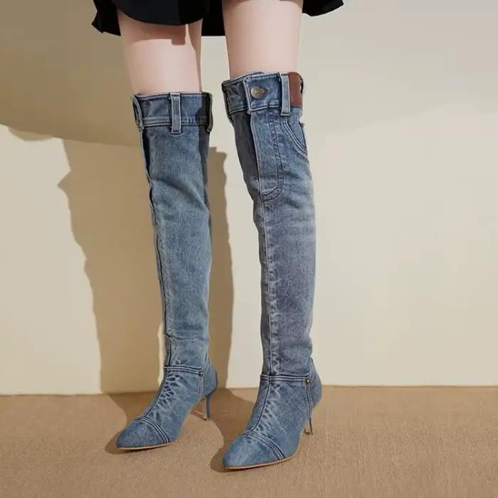 Bottes hautes bottes en jean vintage pour femmes avec talons fins bout pointu bottes longues chaussures pour femmes chaussures en jean pour femmes