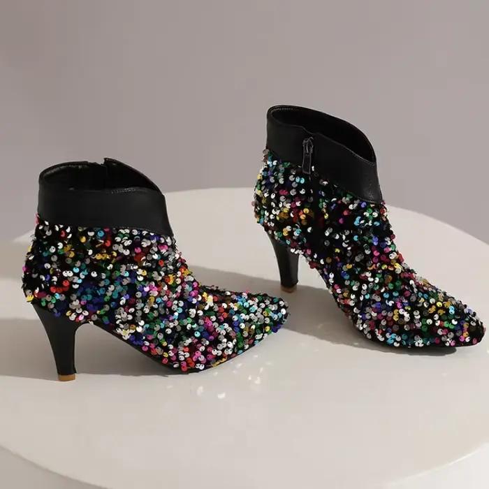 Bottes courtes à talons hauts et paillettes argentées pour femmes, style sexy, bottes modernes, talons fins, semelle en caoutchouc, ajustement parfait, ocassions spéciales et sorties nocturnes