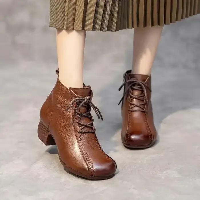 Bottines Courtes Rétro en Caoutchouc pour Femmes, Doublées en Polaire, Talon Carré, À Lacets Croisés, Style Vintage, Occasions Spéciales