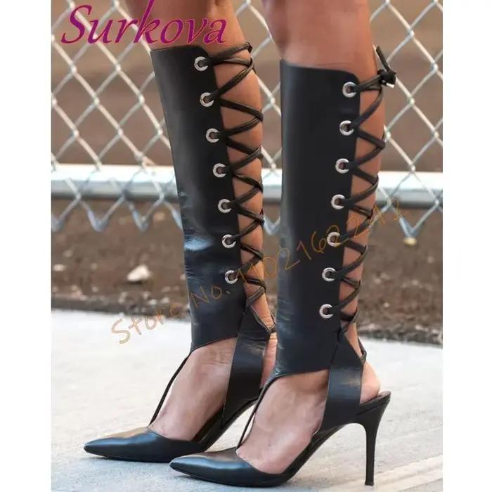Bottes d'été mi-mollet en cuir noir, talons aiguilles pointus à lacets, talons hauts, à la mode, Sexy, respirantes, sandales de soirée en forme de T