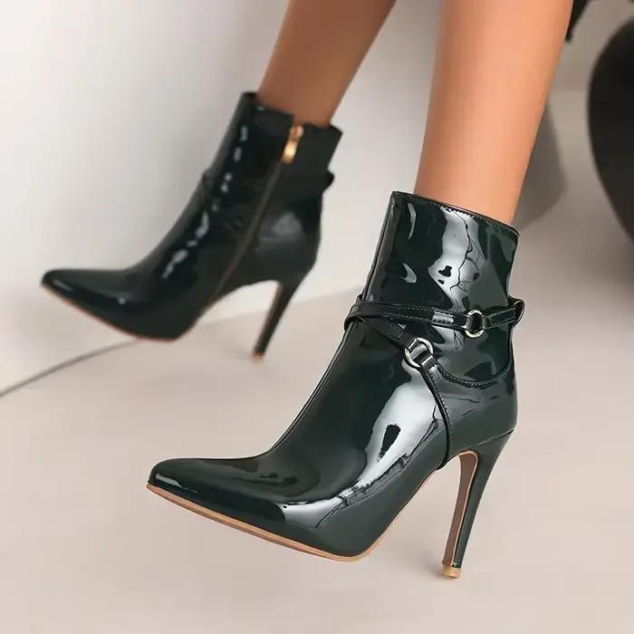 Bottes courtes pointues en cuir verni pour femmes, bottes de rinçage, rouge, noir, talons hauts et fins, robe de bureau pour dames, punk, fermeture éclair, Parker, hiver