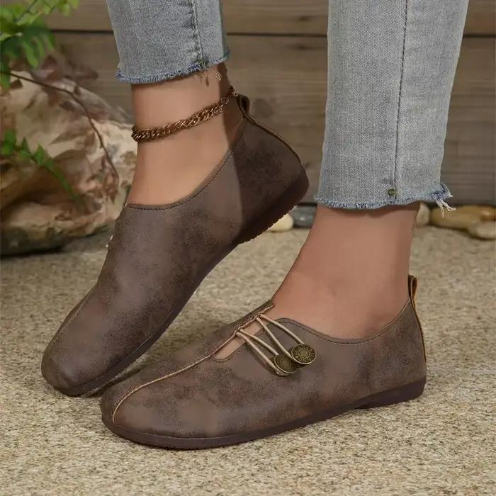 Chaussures plates confortables à semelle souple et bout rond pour femmes, avec boucle décorée, couleur unie, décontractées, respirantes, design à enfiler facile