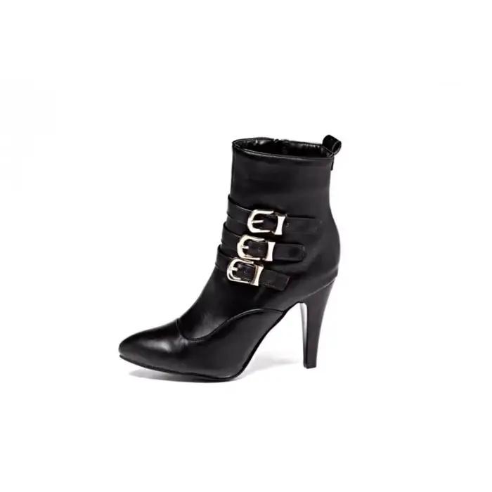 Femmes bottes cheville mode ceinture boucle bout pointu côté fermeture éclair talons aiguilles automne hiver chaud en peluche plate-forme chaussures T051