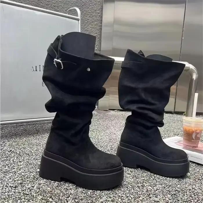 Femmes mode talons épais genou bottes hautes kaki troupeau sans lacet