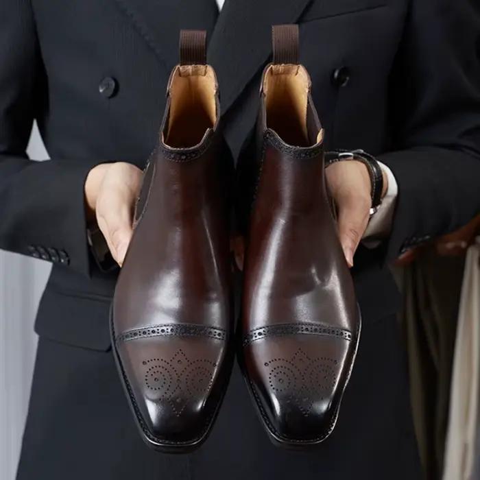 Bottines Chelsea Vintage pour Hommes en Cuir Véritable, Bout Rond Sculpté, Talon Bas, Élégantes et Durables Occasions Spéciales Hiver