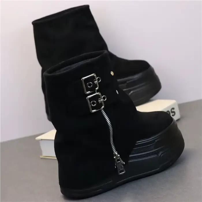 Bottines à talons plateforme pour femmes, baskets en cuir véritable, noir et marron, chaussures de moto, printemps-automne, 10CM 12CM