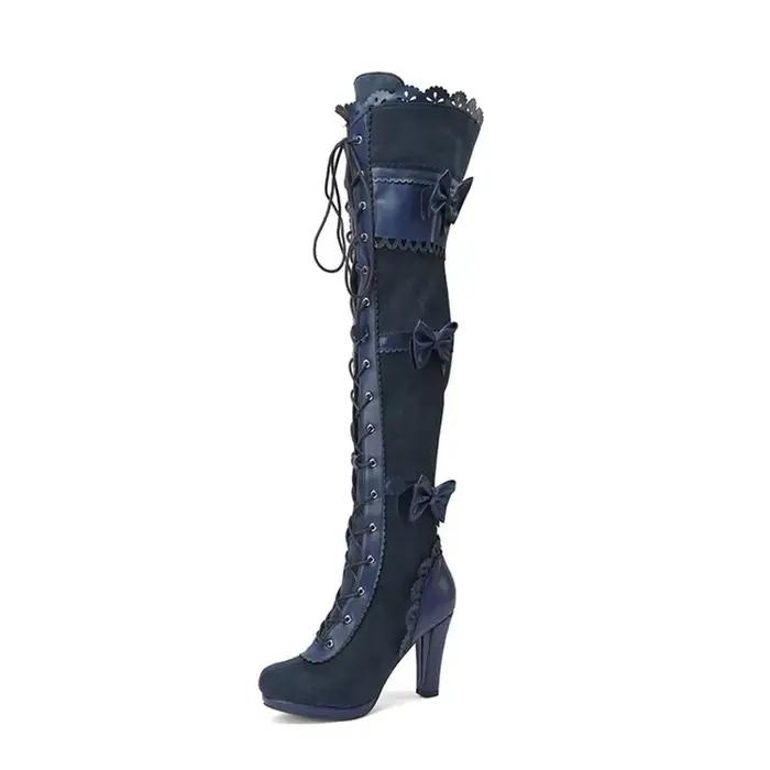 Zapatos De Mujer genou bottes hautes femmes mode Zip croix attaché arc automne hiver fête cuissardes plate-forme chaussures A-0420