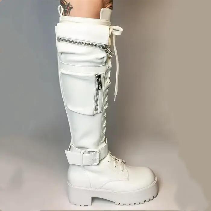 Bottes hautes à plateforme et talon bas avec sangles à boucles
