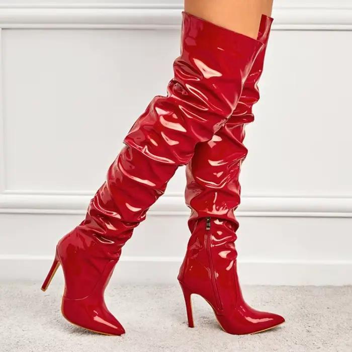 Bottes pour femmes sur le genou brillant plissé bottes à talons hauts fermeture éclair latérale femmes pompes bout pointu Stiletto femmes chaussures en cuir verni
