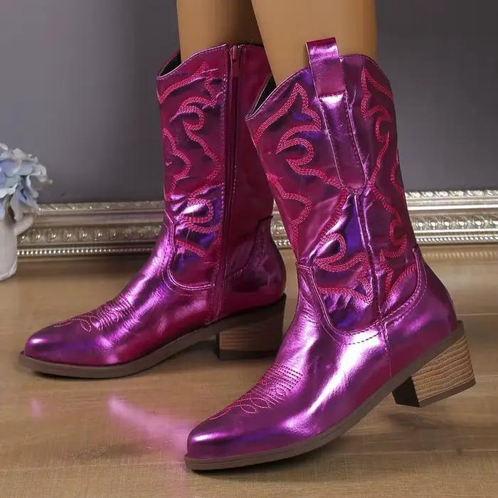 Bottes de cowboy occidentales pointues pour femmes, fermeture à glissière latérale, or, mi-mollet, noir, grande taille 36-43, mode rétro