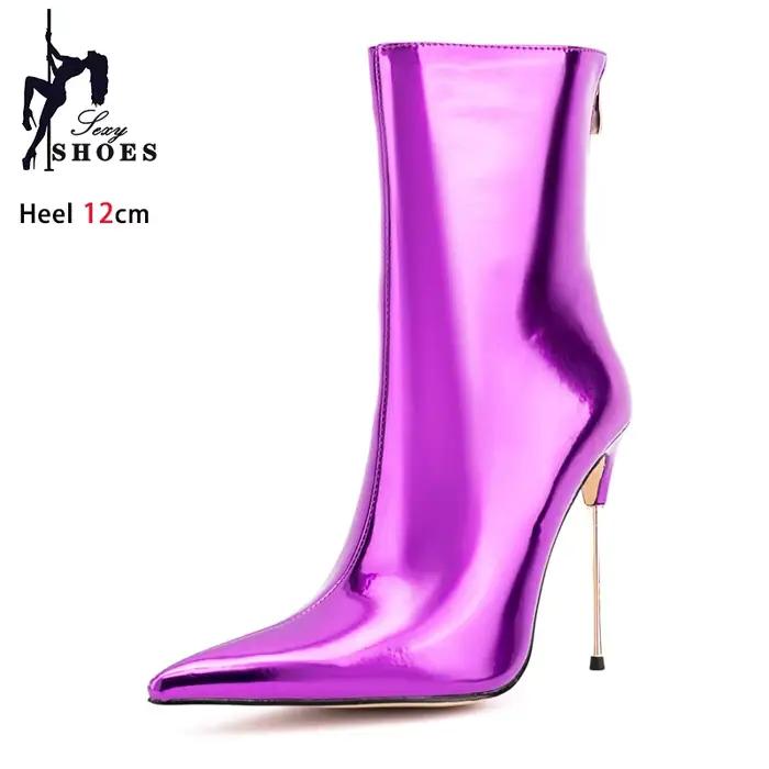 Bottines Stiletto en cuir brillant pour femmes, chaussures de scène, fermeture éclair arrière, bout pointu, talons hauts, bottes courtes, grande taille 44 45 46, 12CM