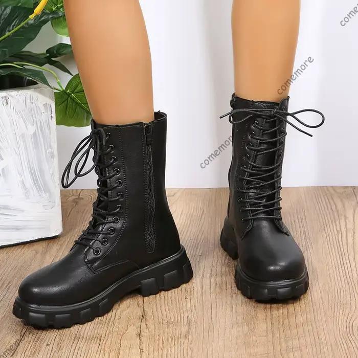Bottes moto pour femmes style britannique printemps automne talon carré plateau cuir PU ajustement parfait occassions spéciales