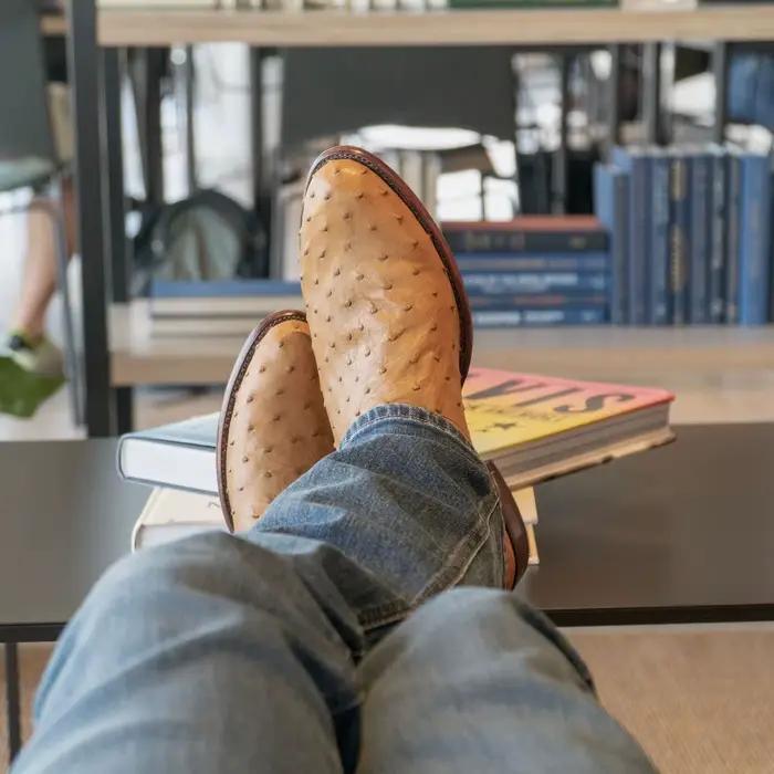 Bottes de cowboy occidentales en cuir d'autruche marron pour hommes