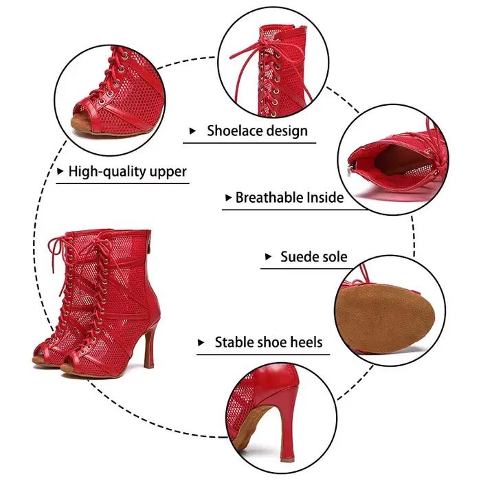Chaussures de danse latine pour femmes, bottes de danse pour salle de bal, maille rouge, talons aiguilles, sandales de Salsa, cou-de-pied réglable, fermeture éclair