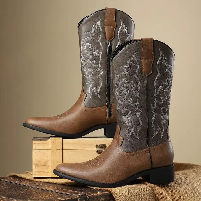 Bottes de Cowboy occidentales pour hommes, bottes pointues mi-mollet, bottes de chevalier rétro brodées pour hommes, bottes de luxe en cuir Botas Hombre