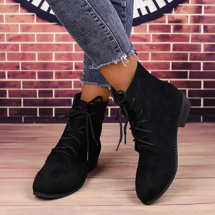 Femmes mode noir à lacets bottines printemps automne confortable bas bloc talon bottes courtes femme grande taille Botas Mujer 2025