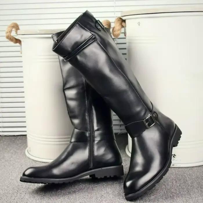 Bottes pour hommes Bottes en cuir souple 2025 Bottes de moto zippées de créateur Punk Talons carrés Botte longue Chaussures pour hommes à bout pointu de haute qualité