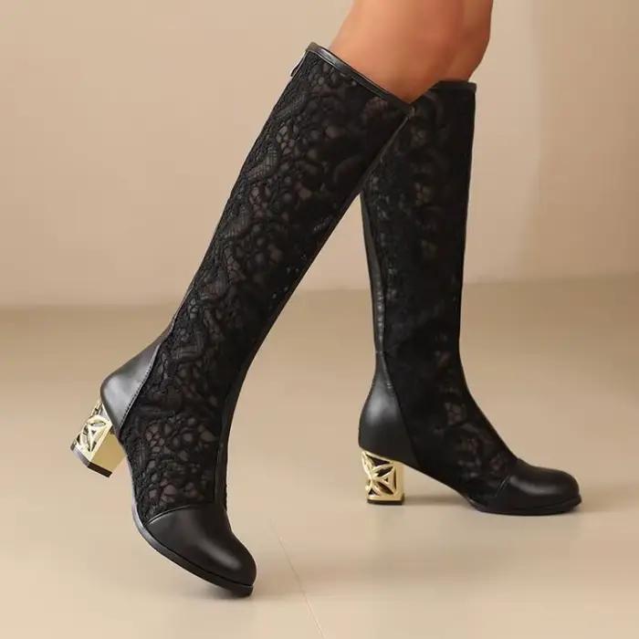 Printemps et automne mode nouveau style bottes pour femmes blanc doux dentelle évider genou longueur talons hauts femmes été cool bottes