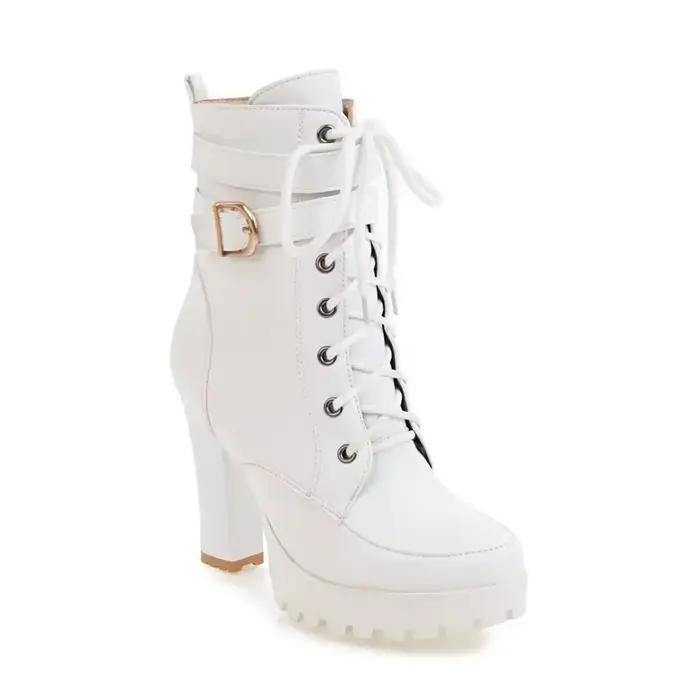 Bottines à talons hauts pour femmes, chaussures à lacets, plateforme, grande taille, à la mode, blanc, noir, marron, automne-hiver, 2025