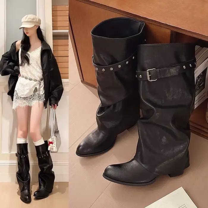 Bottes au-dessus du genou, style chevalier, plissées et superposées avec ceintures, bottes culotte à jambe large, Nouveau style 2026