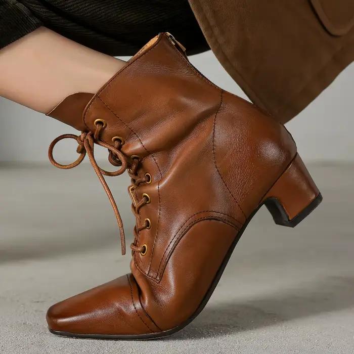 2025New femmes en cuir de vache bout carré à lacets dos zip automne bottines de haute qualité doux confort 4 cm chaton talon bottes courtes