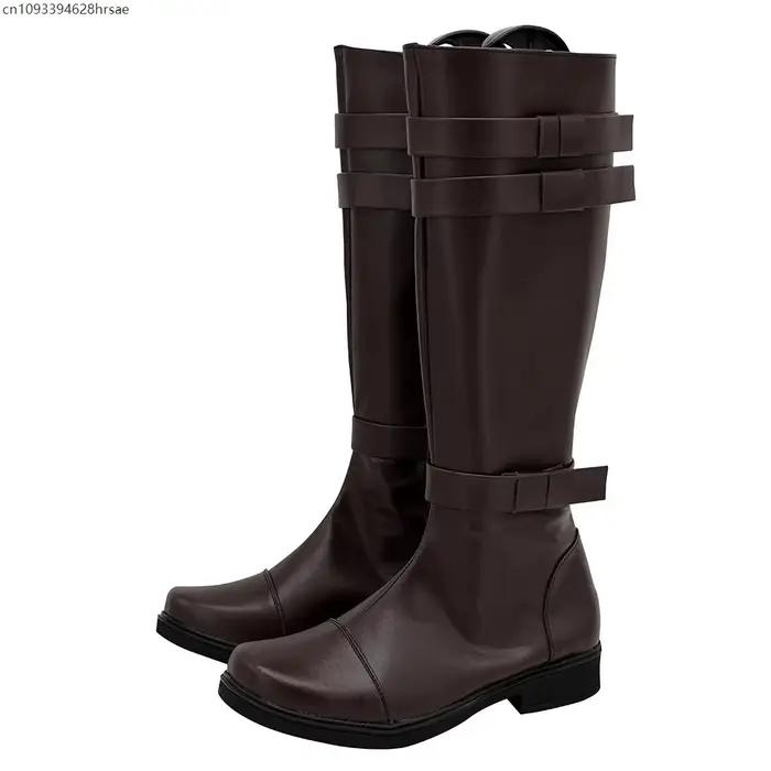 Bottes hautes vintage marron pour hommes, en cuir PU, avec fermeture éclair latérale, style motard, gothique, chevalier, cosplay, chaussures longues noires