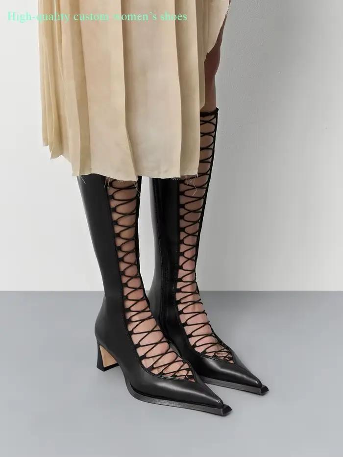 Bottes hautes pour femmes à talons aiguilles bout pointu et découpe ajourée pour cheville occassions formelles et festives été printemps automne