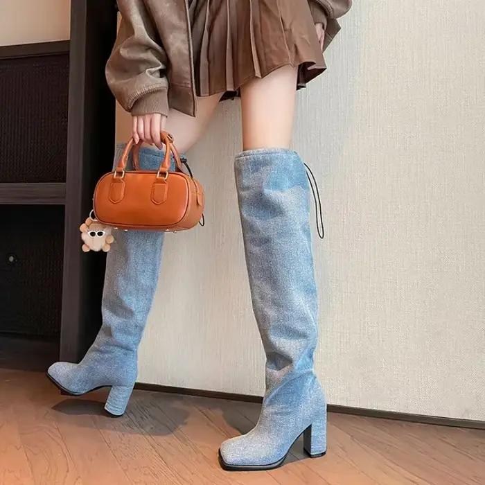 Bottes longues plissées en denim bleu pour femmes, bottes de cow-boy occidentales élastiques, chaussures à talon optique, Parker carré, à la mode et sexy