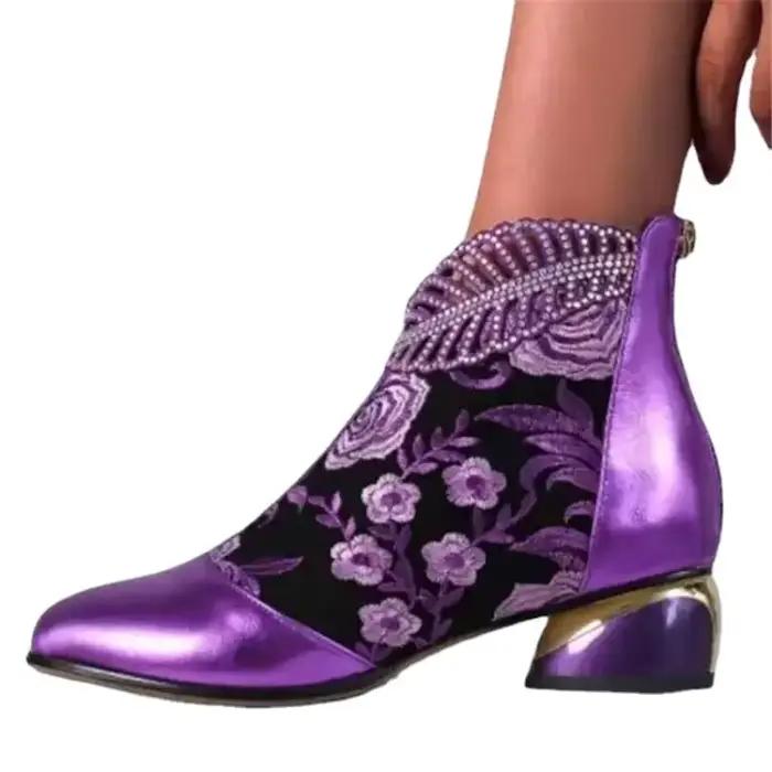 Bottes de rinçage en cuir pour femmes, style sexy, bottes bohèmes brodées, printemps et automne, talons carrés, motifs floraux, cheville, confort maximal, occassions spéciales